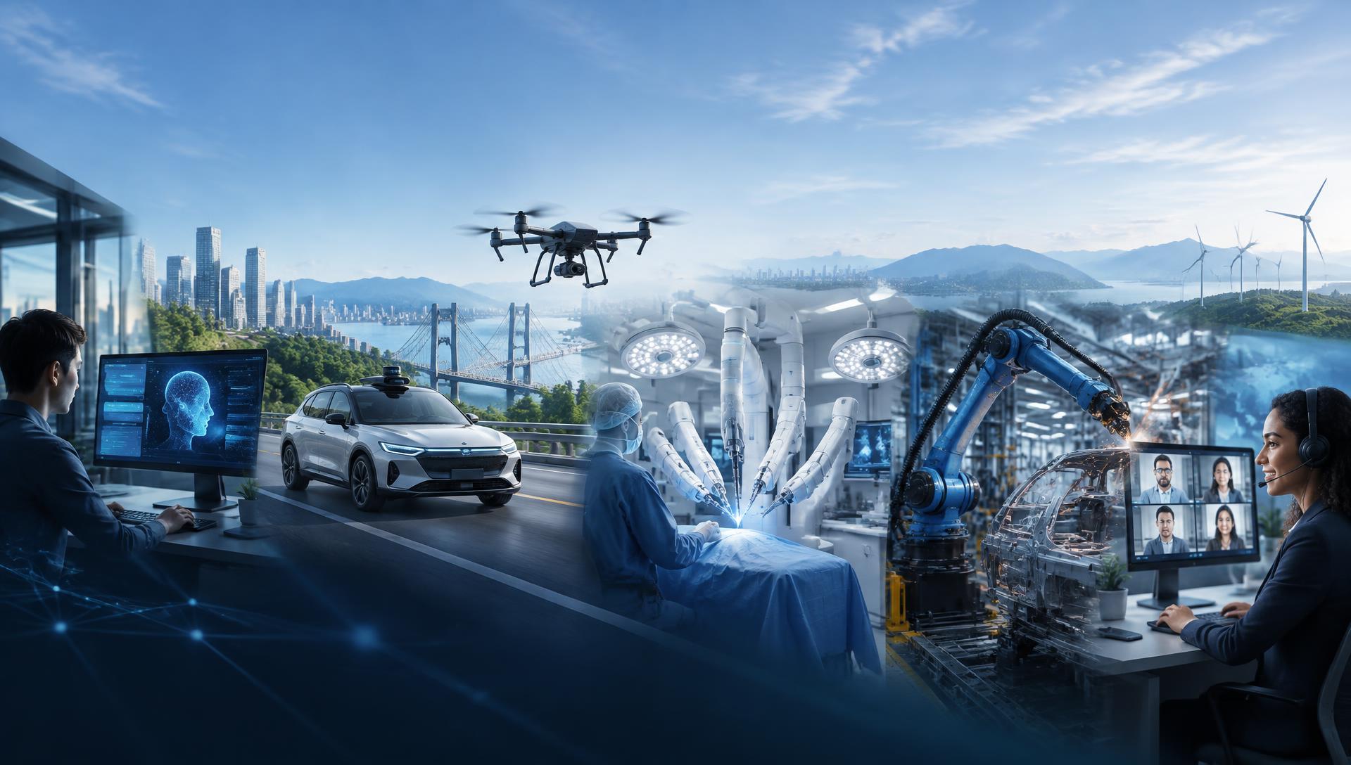 Connected industries montage: AI agents, autonomous vehicles, drones, medical robotics, industrial robotics, and voice AI communications